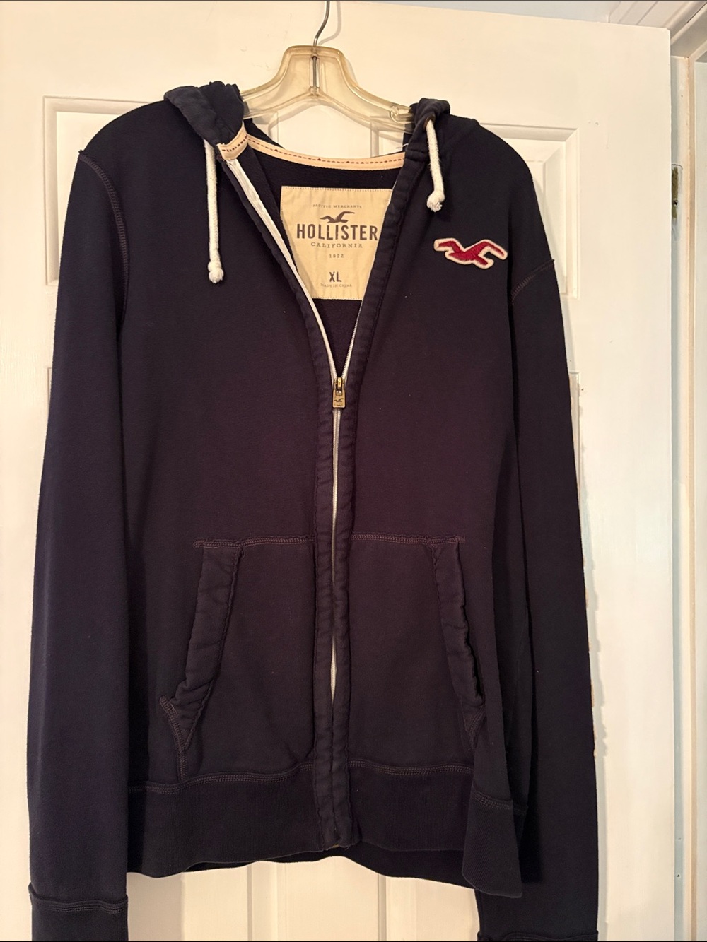 Hollister Navy Blue Full-Zip Hoodie with Red Logo